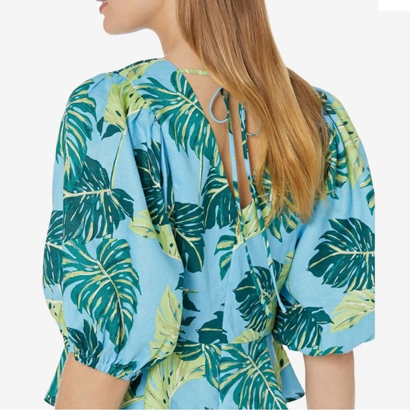 Draper James Puff Sleeve Linen Top Size 14 XL Preppy Tropical Print Fully Lined - Picture 3 of 11
